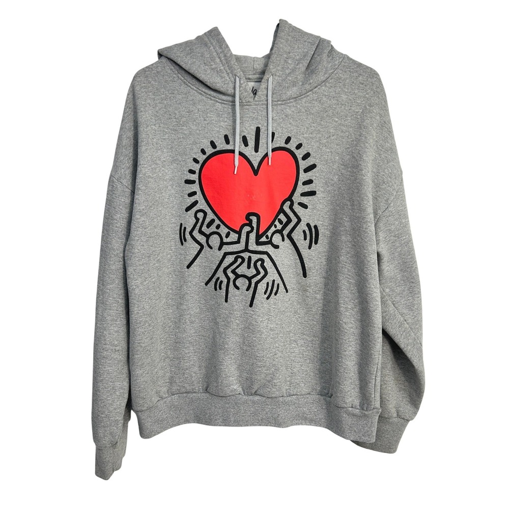 Keith Haring Heart Graphic Hoodie XXL Gray Streetwear Pop Art Retro‎ Pullover